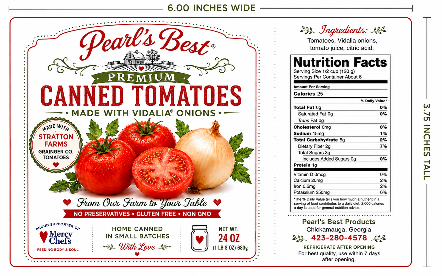 Pearl’s Best Premium Canned Stratton Farms Grainger Co.Tomatoes with Vidalia Onions 24oz Jar