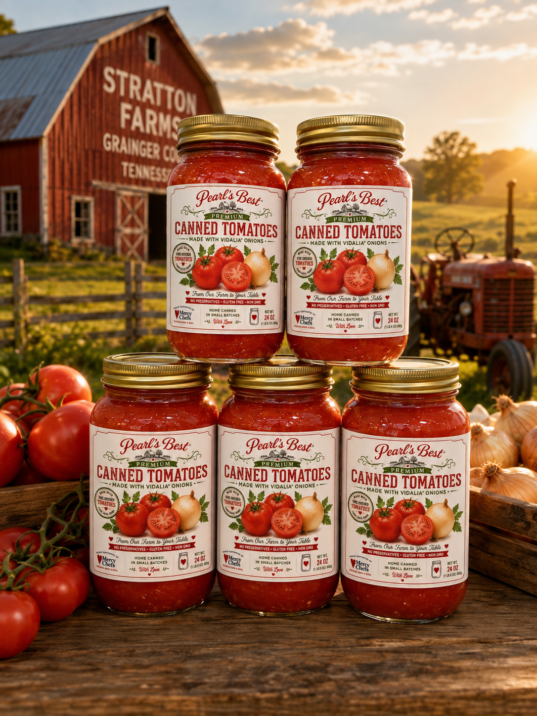 Pearl’s Best Premium Canned Stratton Farms Grainger Co.Tomatoes with Vidalia Onions 24oz Jar